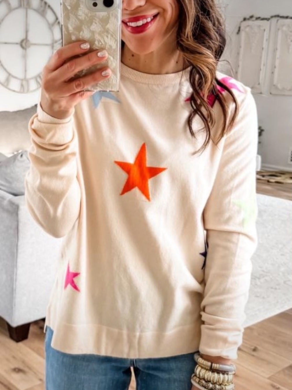 THML Cream Crewneck Sweater with Neon Star Accents🚌